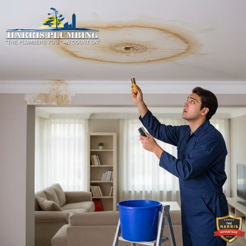 Plumber inspecting a damaged ceiling area for a water leak source