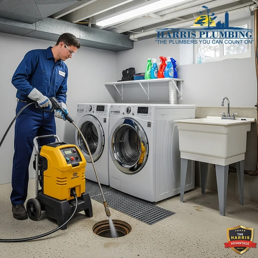 Plumber using hydro jetting tool to clear a main drain