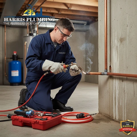 Plumber making a professional repair on a damaged water supply line