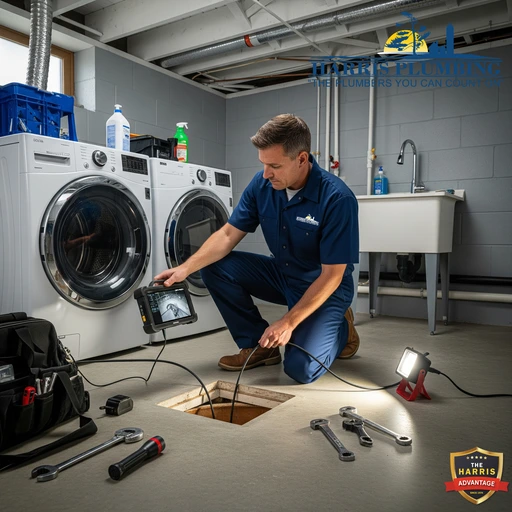 Sewer camera inspecting a main drain pipe