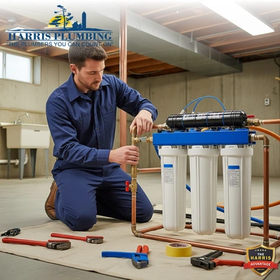 A plumber from Harris Plumbing Inc. installing a whole-home water filtration system in Barrie.