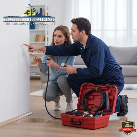 A visible water stain on a ceiling or wall, indicating a plumbing leak